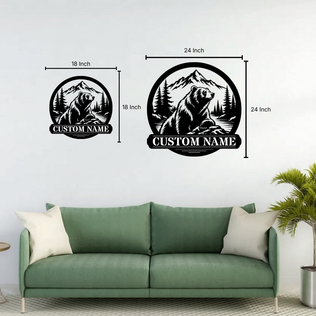 Custom Bear Metal Wall Art | Personalized Name Wildlife Mountain Sign