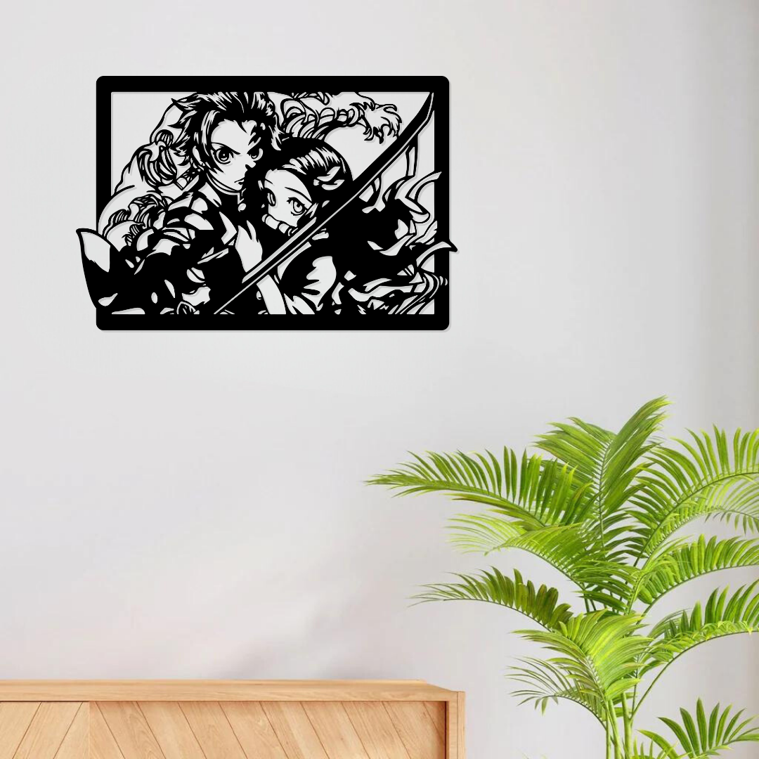 Laser cut anime metal wall art featuring Tanjiro & Nezuko inspired design, displayed in a modern living room.