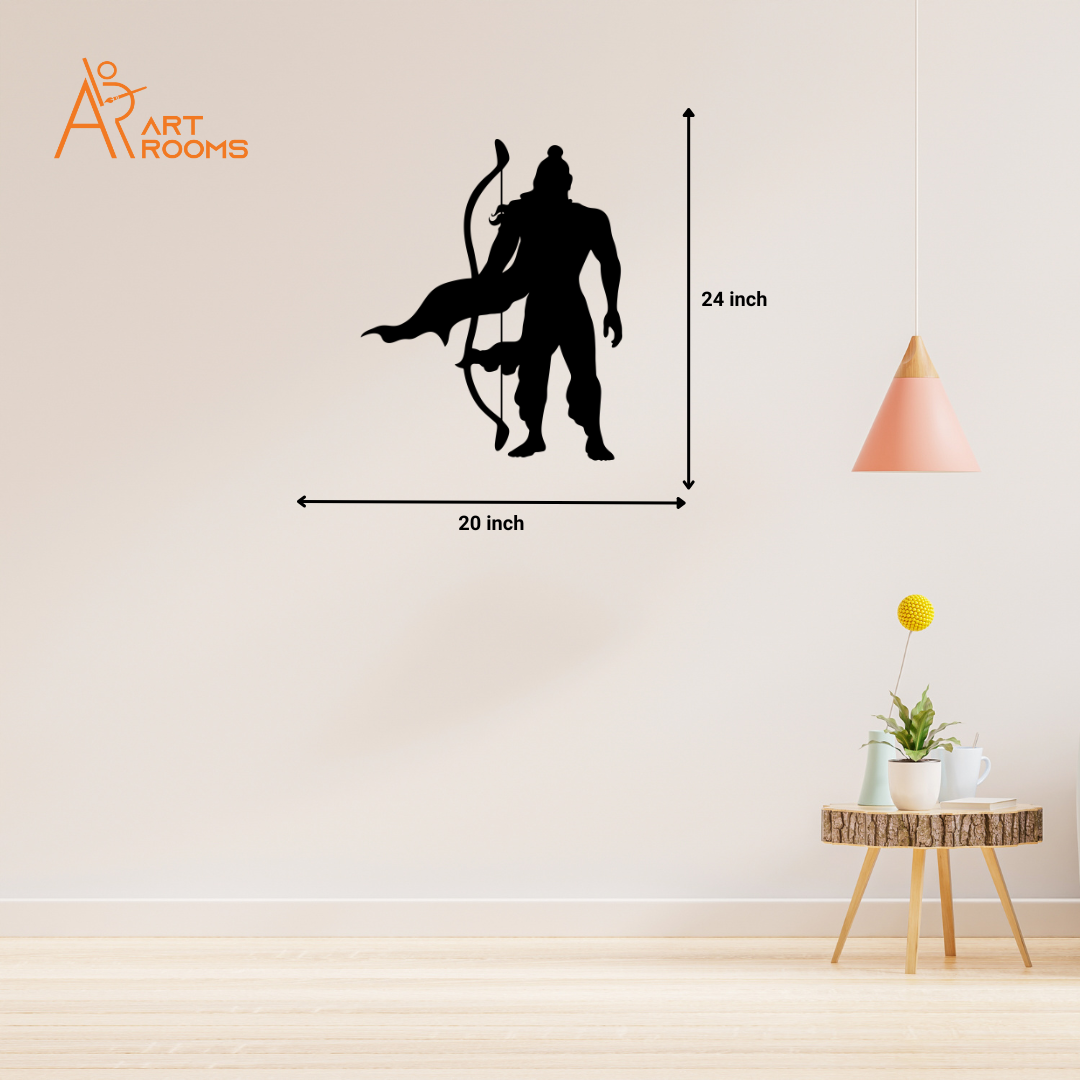 Artrooms Lord Ram Metal Wall Art in matte black, 20x24 inch size, displayed on a light wall with a plant and pendant light.