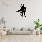 Artrooms Lord Ram metal wall art silhouette in matte black above a cozy sofa with plants, ideal home decoration.