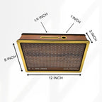 Top view of ₹100,000 money-saving box with golden border, showing dimensions: 12 inches wide, 8 inches tall, 3 inches deep, and 1.9-inch slot opening.