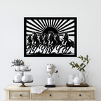 Metal wall art of seven horses above coffee table