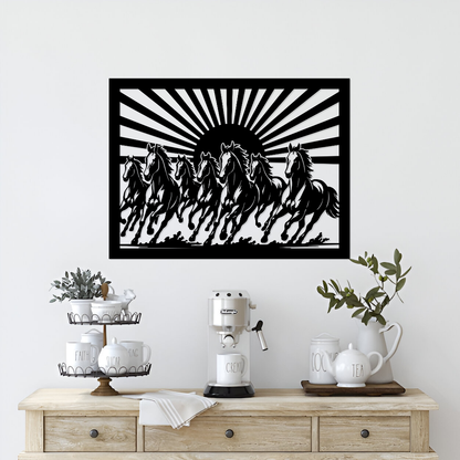 Metal wall art of seven horses above coffee table