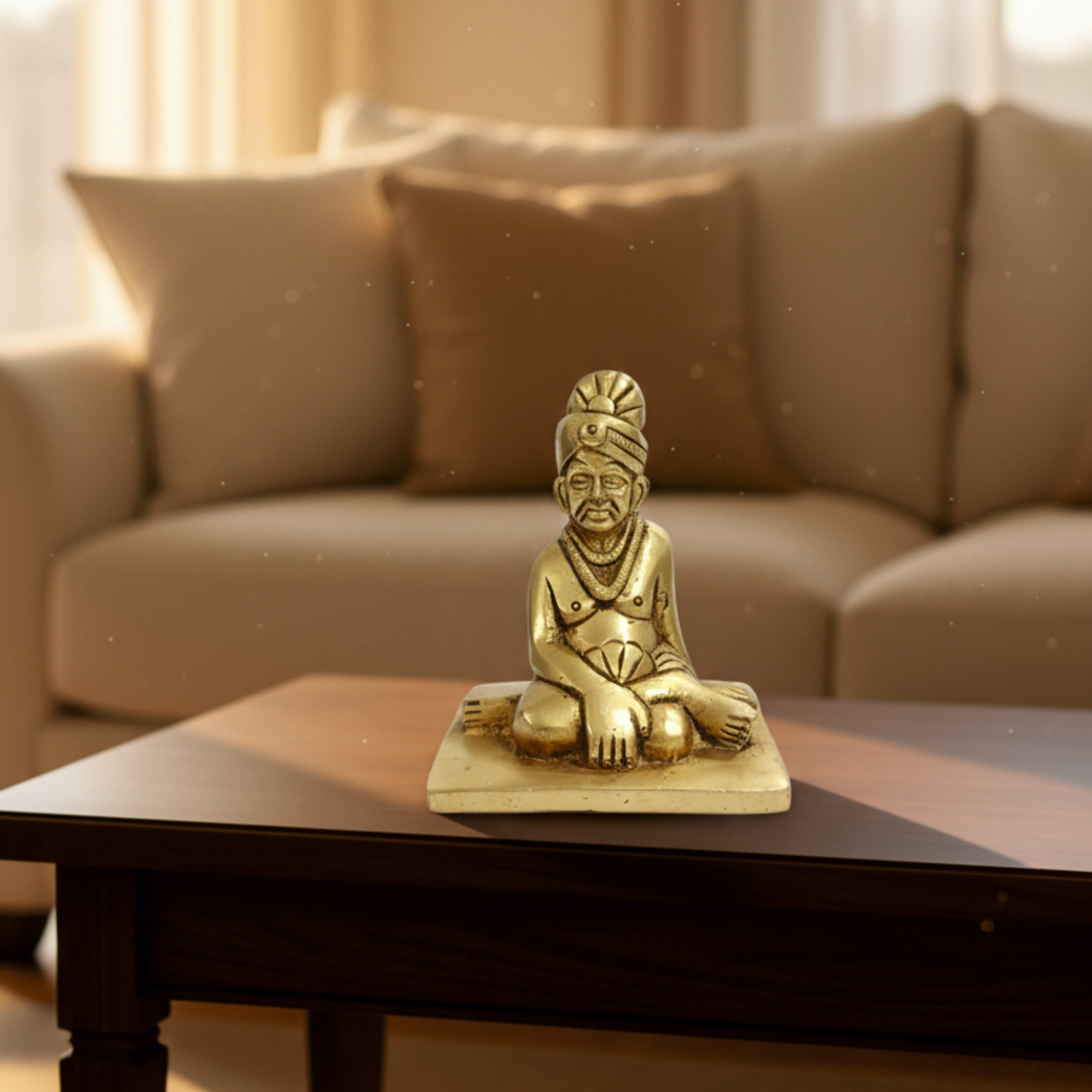 Brass Swami Samarth Murti idol placed on wooden table for home decor