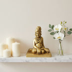 Swami Samarth Murti brass idol with candles and flowers in sacred corner
