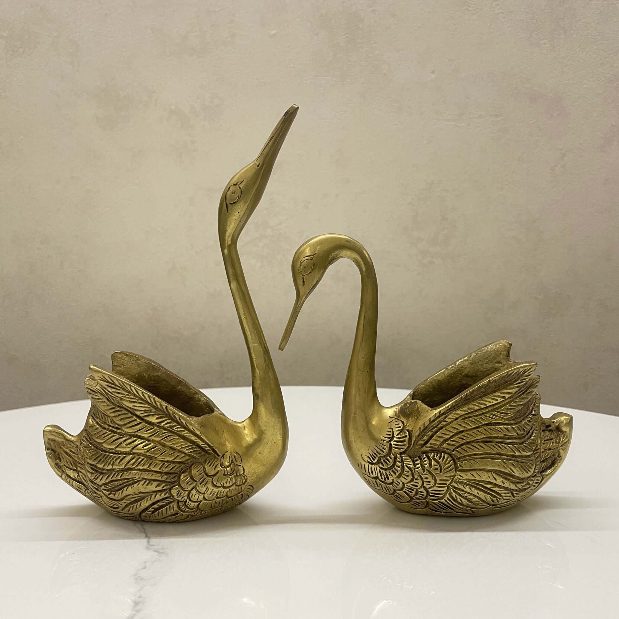 Pair of Brass Swans Figurines – Handcrafted Love Birds for Home Decor
