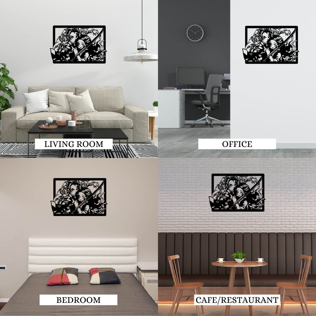 Laser cut Tanjiro & Nezuko anime metal wall art displayed in living room, office, bedroom, and cafe decor styles.