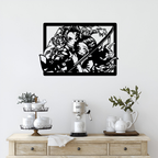 Tanjiro & Nezuko inspired anime metal wall art, laser cut decor above a coffee station setup.