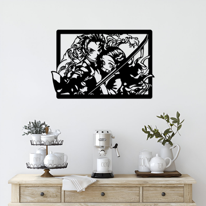 Tanjiro & Nezuko inspired anime metal wall art, laser cut decor above a coffee station setup.
