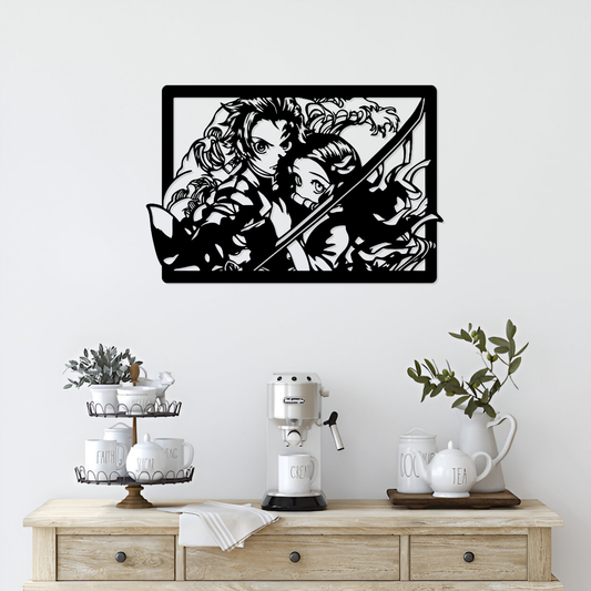 Tanjiro & Nezuko inspired anime metal wall art, laser cut decor above a coffee station setup.